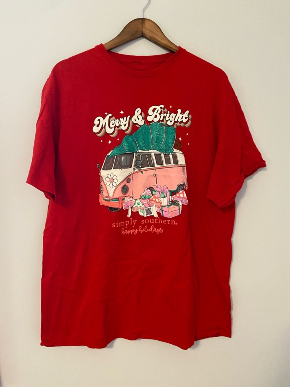 Simply Southern Red Tee with Pink Van and Green Tree Holiday Graphic